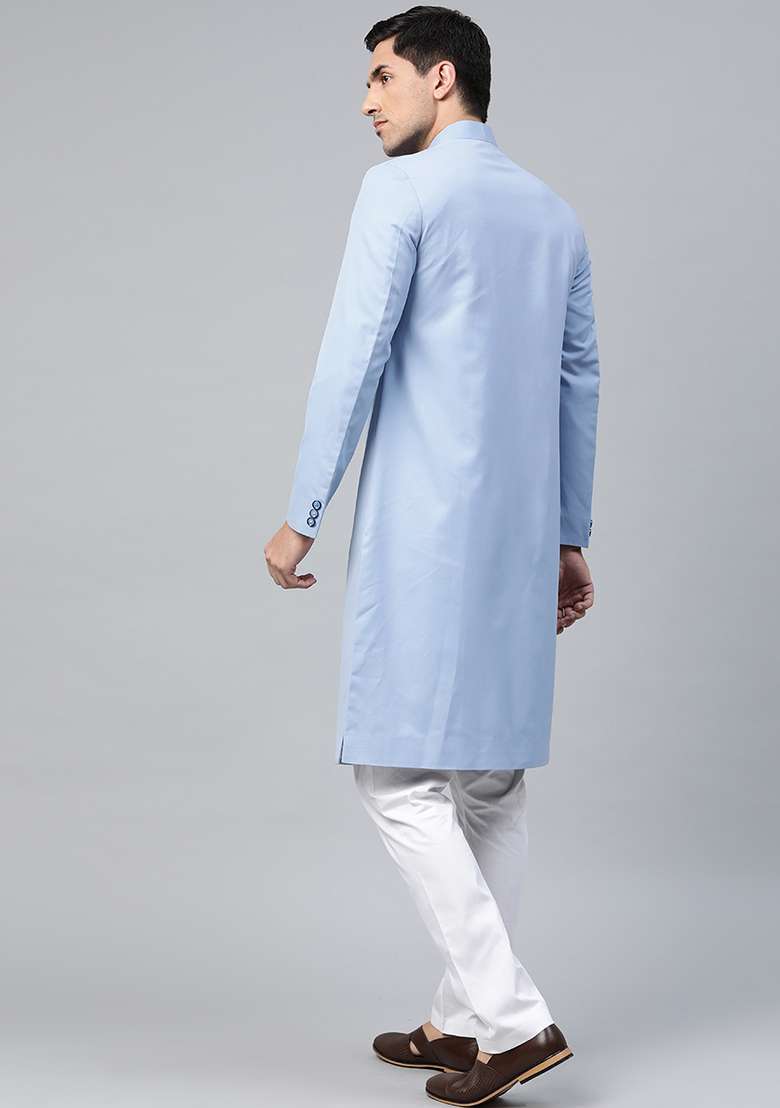 Sky Blue Solid Cotton Sherwani for Men - Indya