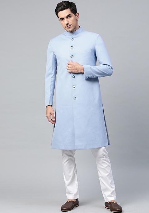 Sky Blue Solid Cotton Sherwani for Men