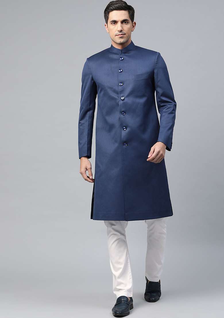 Navy Blue Solid Cotton Sherwani for Men - Indya