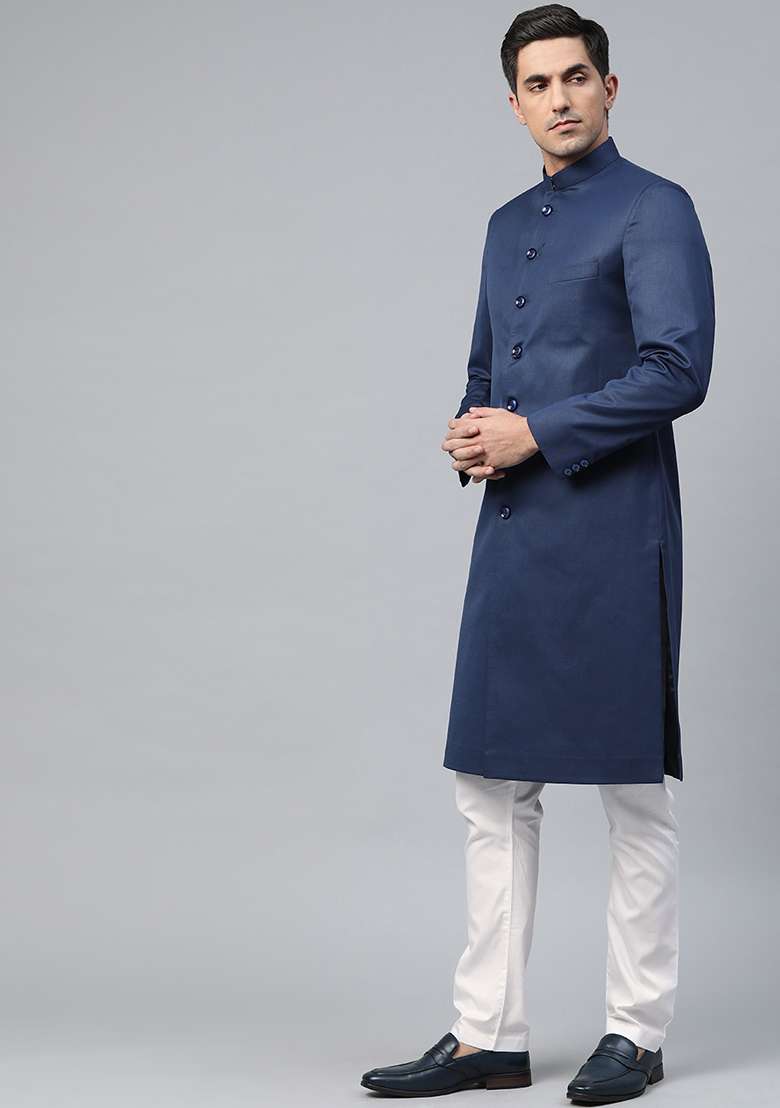 Navy Blue Solid Cotton Sherwani for Men - Indya