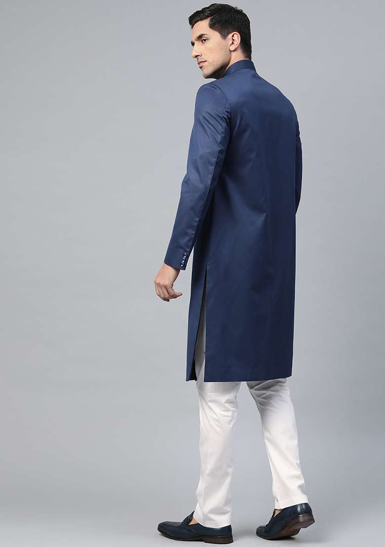 Navy Blue Solid Cotton Sherwani for Men - Indya