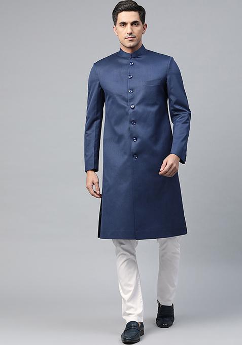 Navy Blue Solid Cotton Sherwani for Men