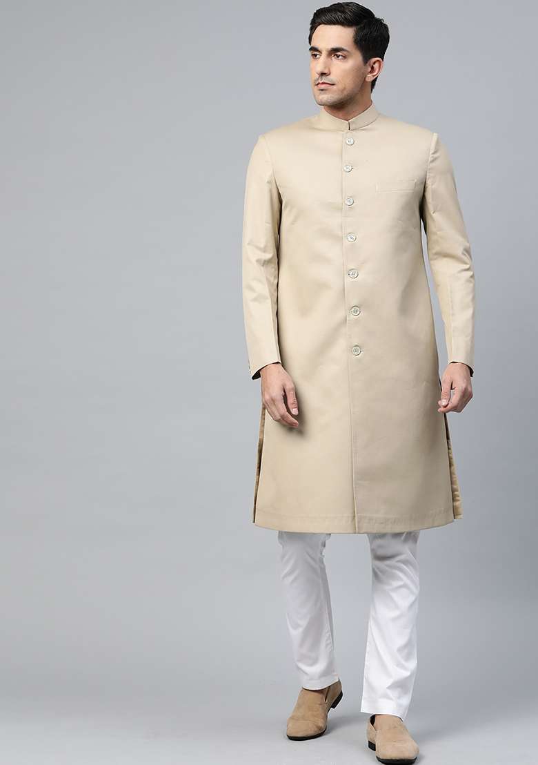 Fawn Yellow Solid Cotton Sherwani for Men - Indya