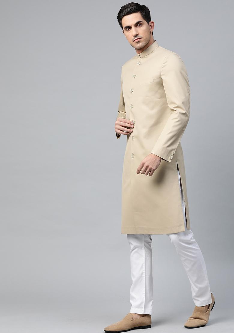 Fawn Yellow Solid Cotton Sherwani for Men