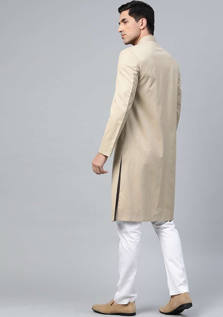 Fawn Yellow Solid Cotton Sherwani for Men - Indya