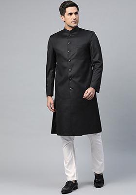 Black Solid Cotton Sherwani for Men