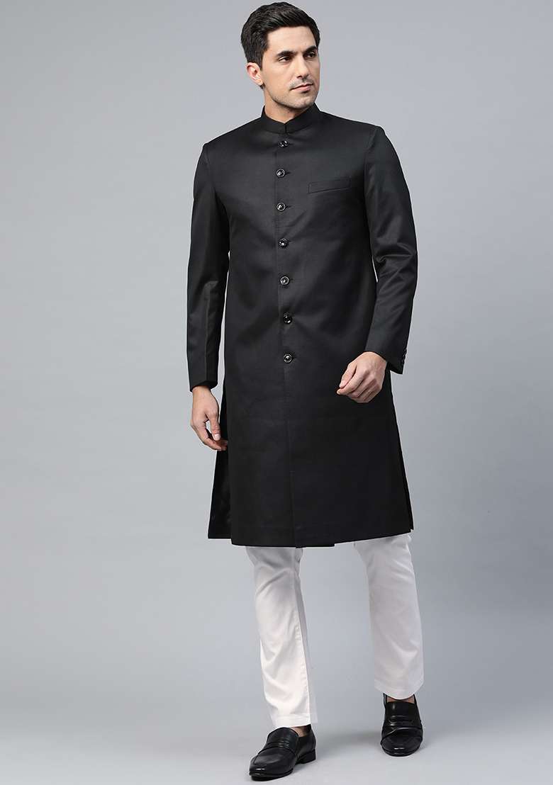 Black Solid Cotton Sherwani for Men - Indya