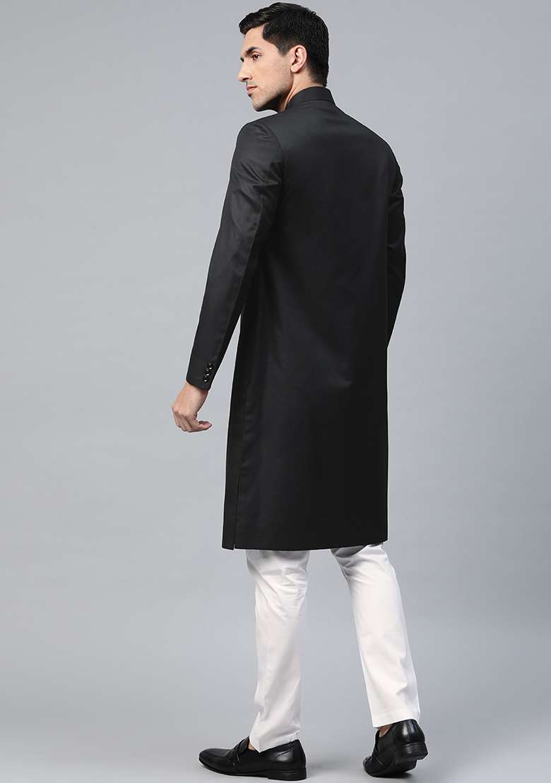 Black Solid Cotton Sherwani for Men - Indya