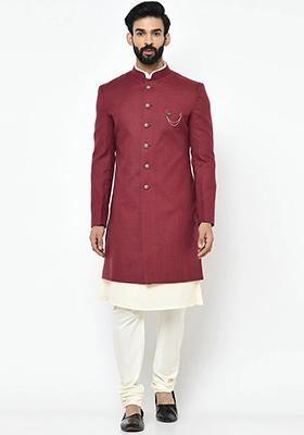 Maroon Solid Cotton Sherwani for Men
