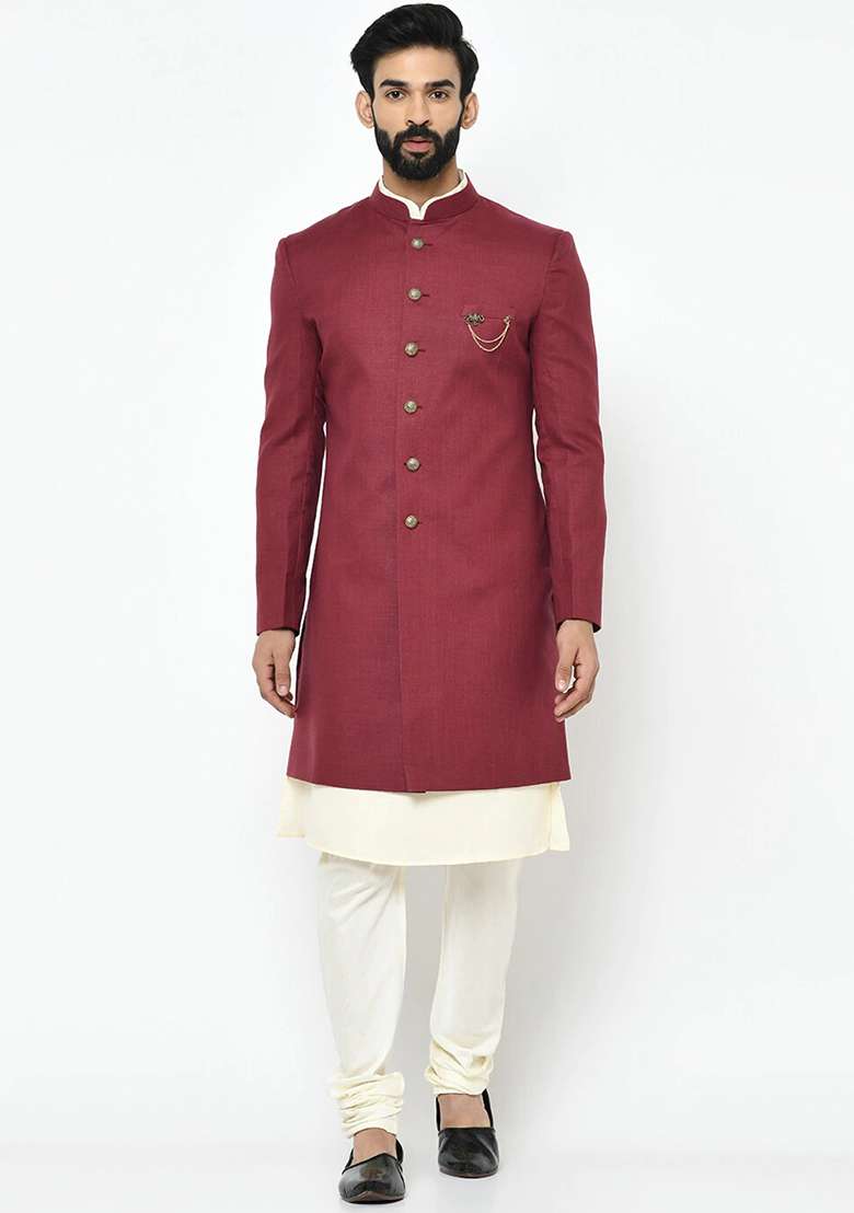 Maroon Solid Cotton Sherwani for Men - Indya