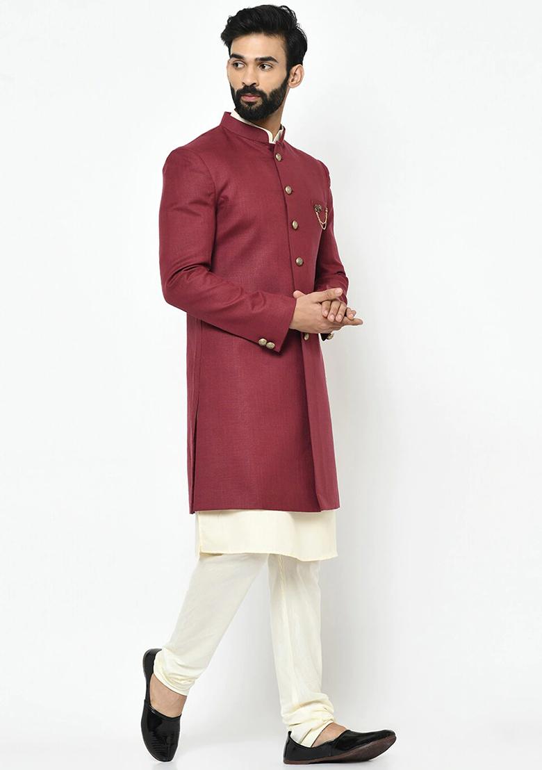 Maroon Solid Cotton Sherwani for Men