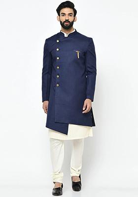 Navy Blue Solid Cotton Sherwani for Men