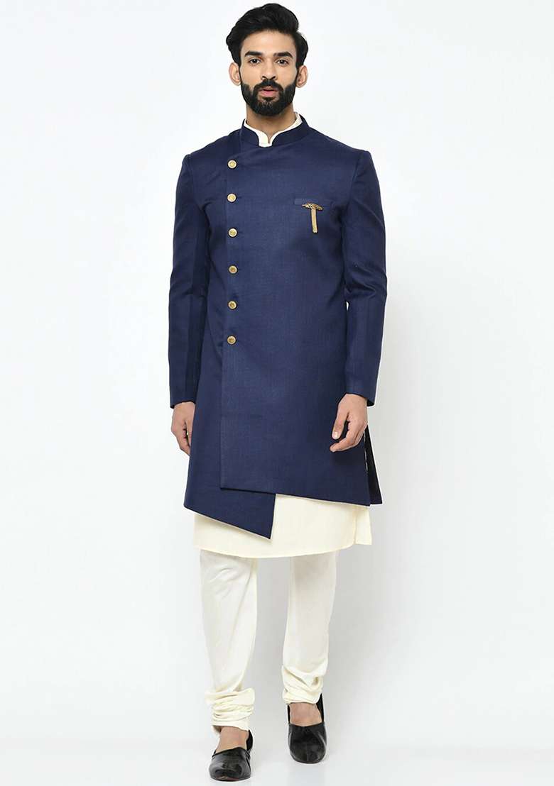 Navy Blue Solid Cotton Sherwani for Men - Indya