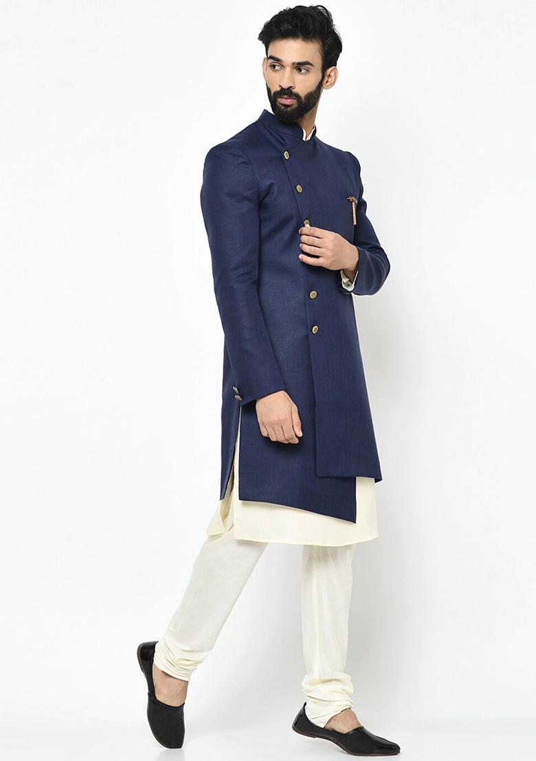 Navy Blue Solid Cotton Sherwani for Men