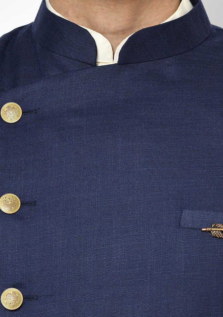 Navy Blue Solid Cotton Sherwani for Men