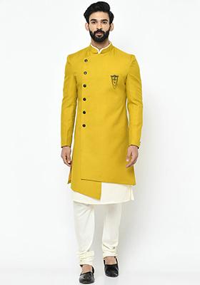 Yellow Solid Cotton Sherwani for Men