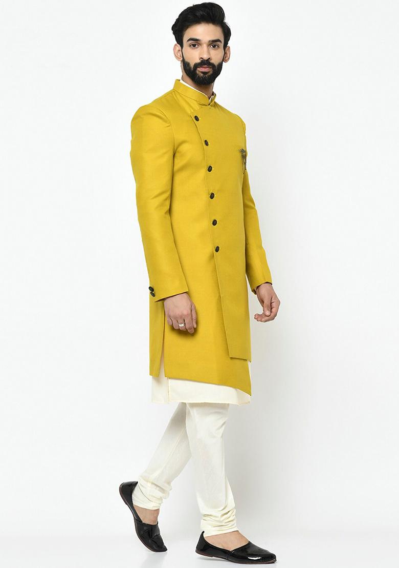 Yellow Solid Cotton Sherwani for Men