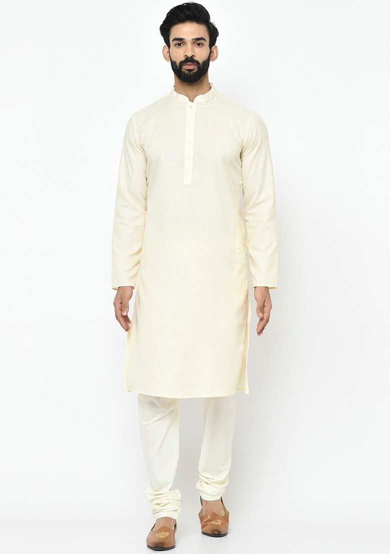 Yellow Solid Cotton Sherwani for Men - Indya
