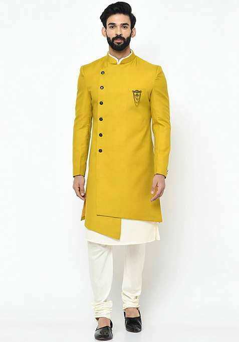 Yellow Solid Cotton Sherwani for Men