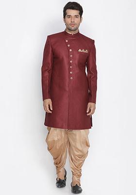 Maroon Solid Cotton Sherwani for Men