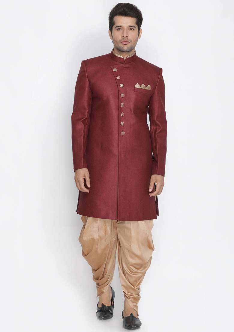 Maroon Solid Cotton Sherwani for Men - Indya