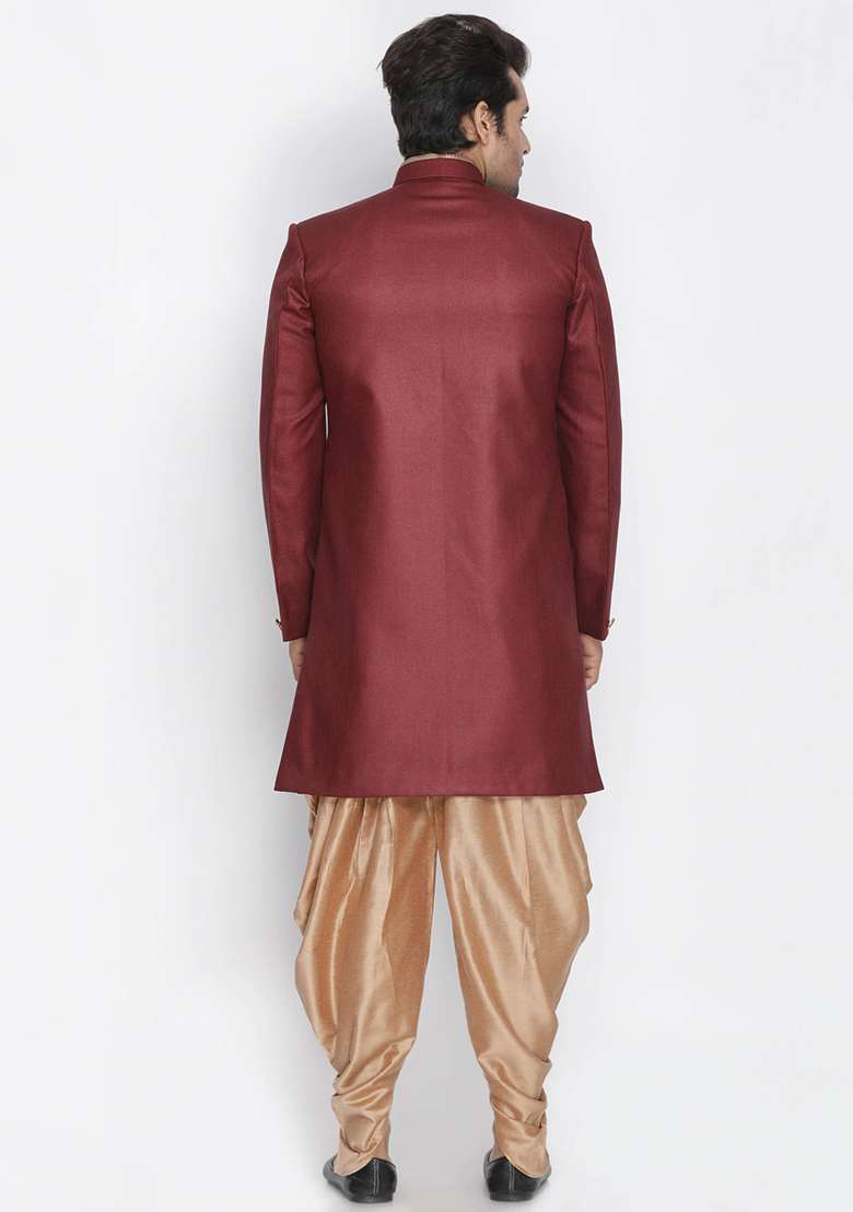 Maroon Solid Cotton Sherwani for Men - Indya