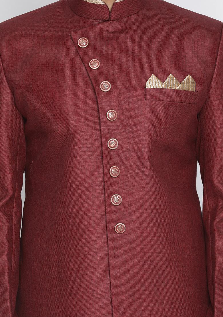 Maroon Solid Cotton Sherwani for Men