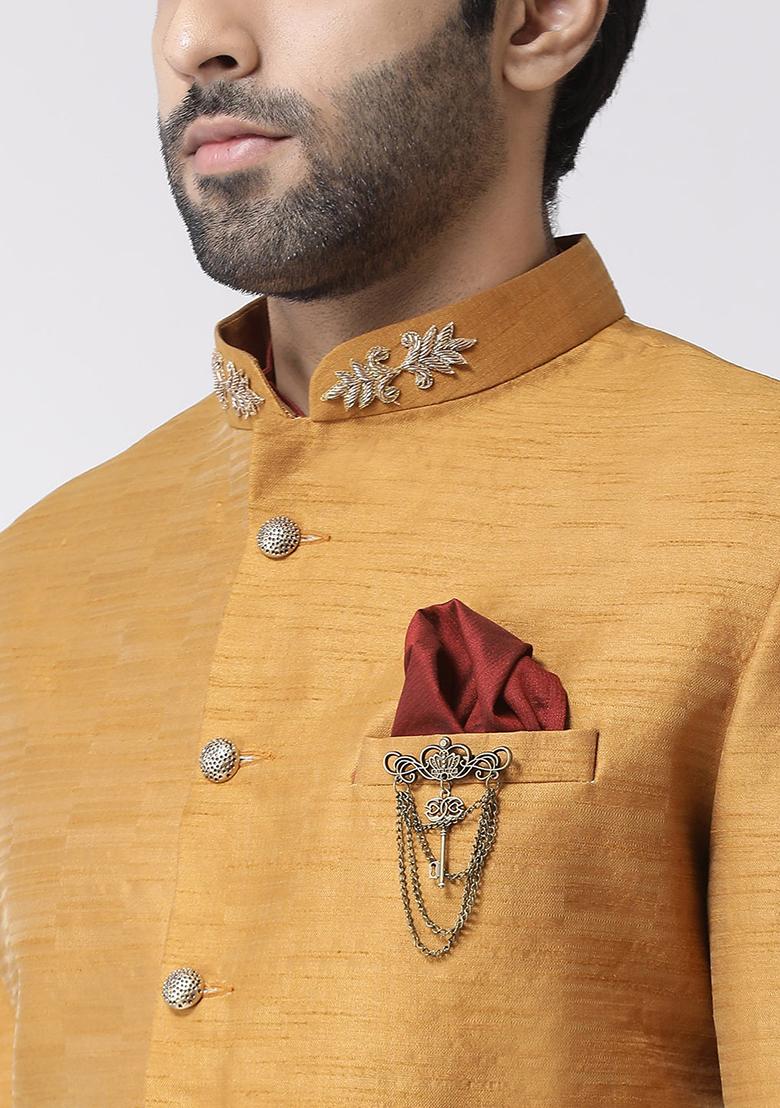 Rust Brown Solid Silk Blend Sherwani for Men