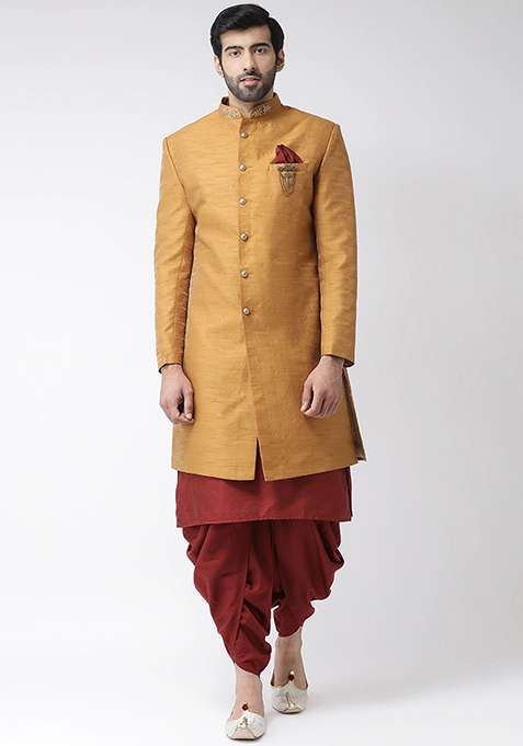 Rust Brown Solid Silk Blend Sherwani for Men