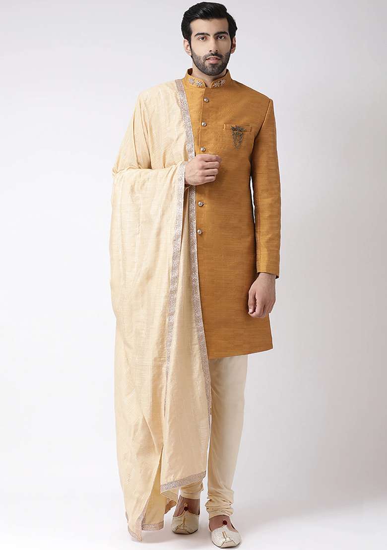 Rust Brown Solid Silk Blend Sherwani for Men - Indya