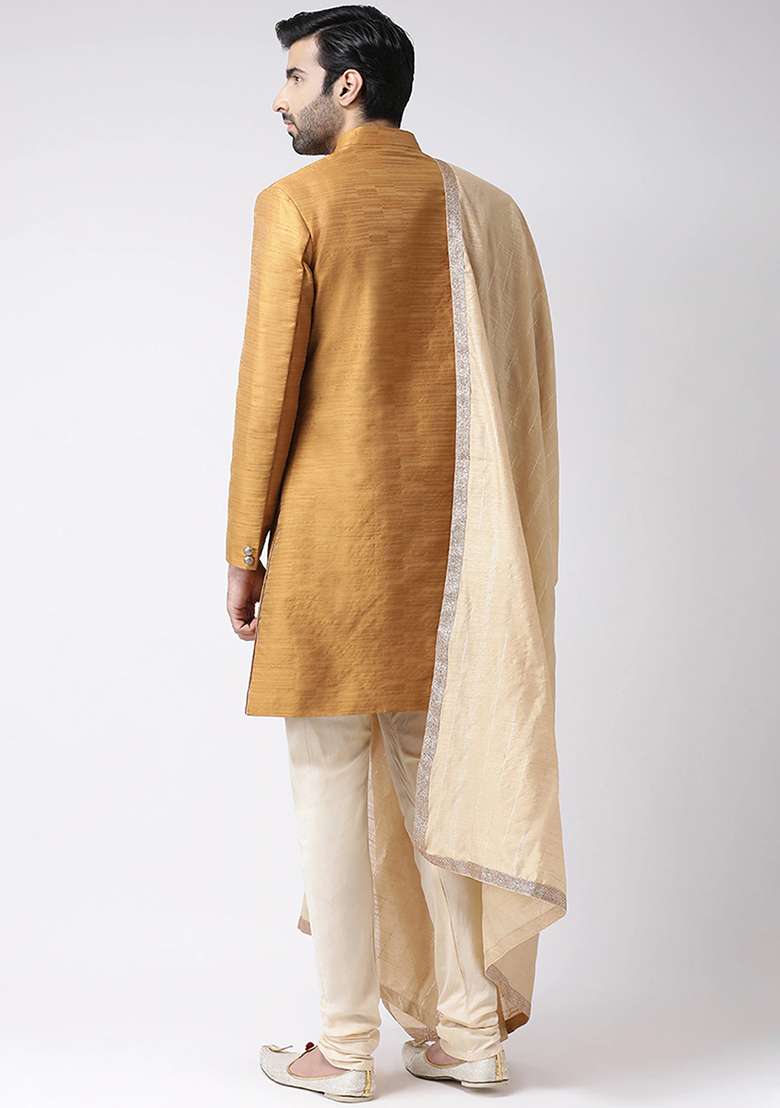 Rust Brown Solid Silk Blend Sherwani for Men - Indya