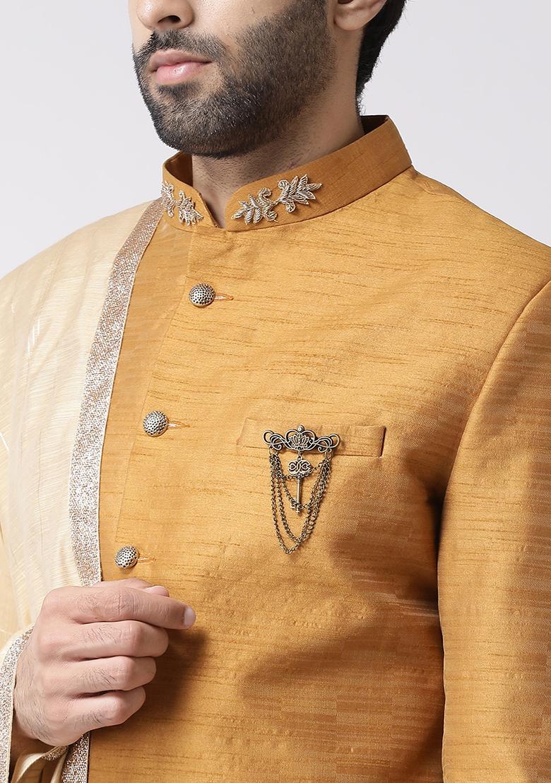 Rust Brown Solid Silk Blend Sherwani for Men