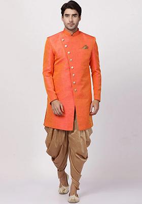 Orange Solid Silk Blend Sherwani for Men