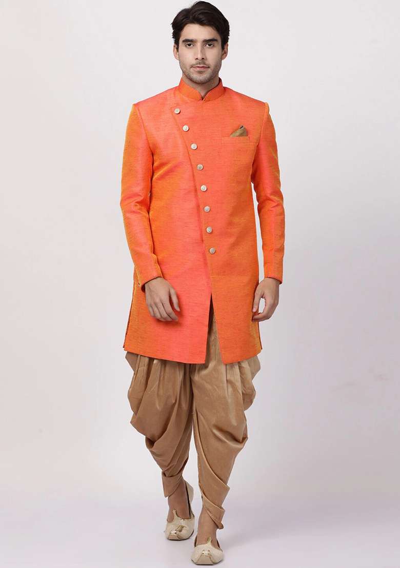 Orange Solid Silk Blend Sherwani for Men - Indya