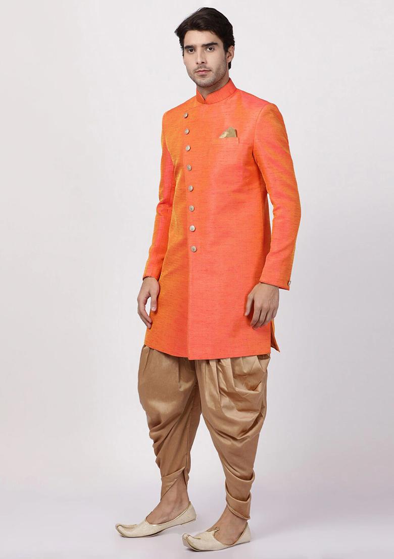 Orange Solid Silk Blend Sherwani for Men