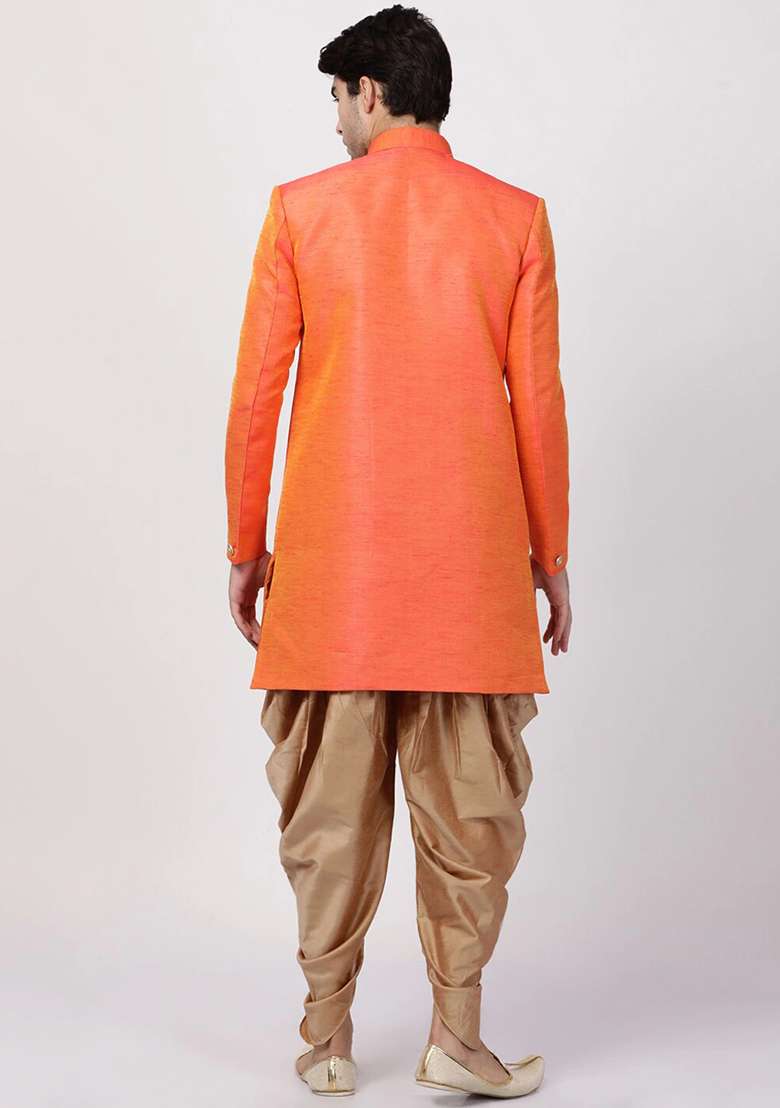 Orange Solid Silk Blend Sherwani for Men - Indya