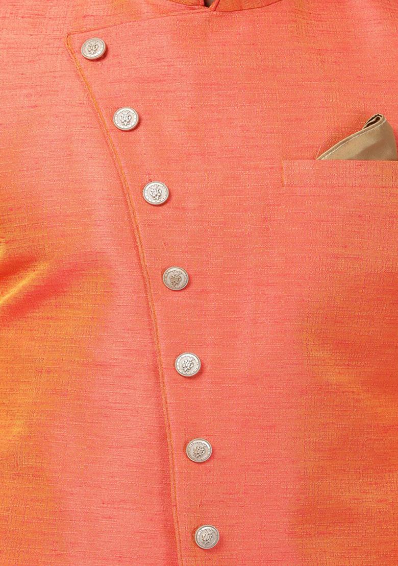Orange Solid Silk Blend Sherwani for Men