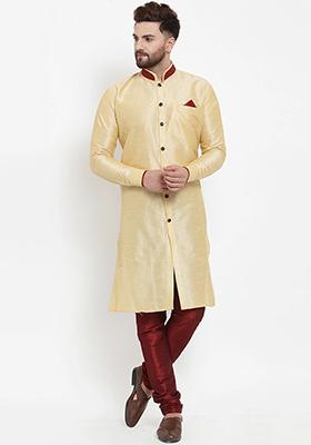 Cream Solid Silk Blend Kurta Set For Men