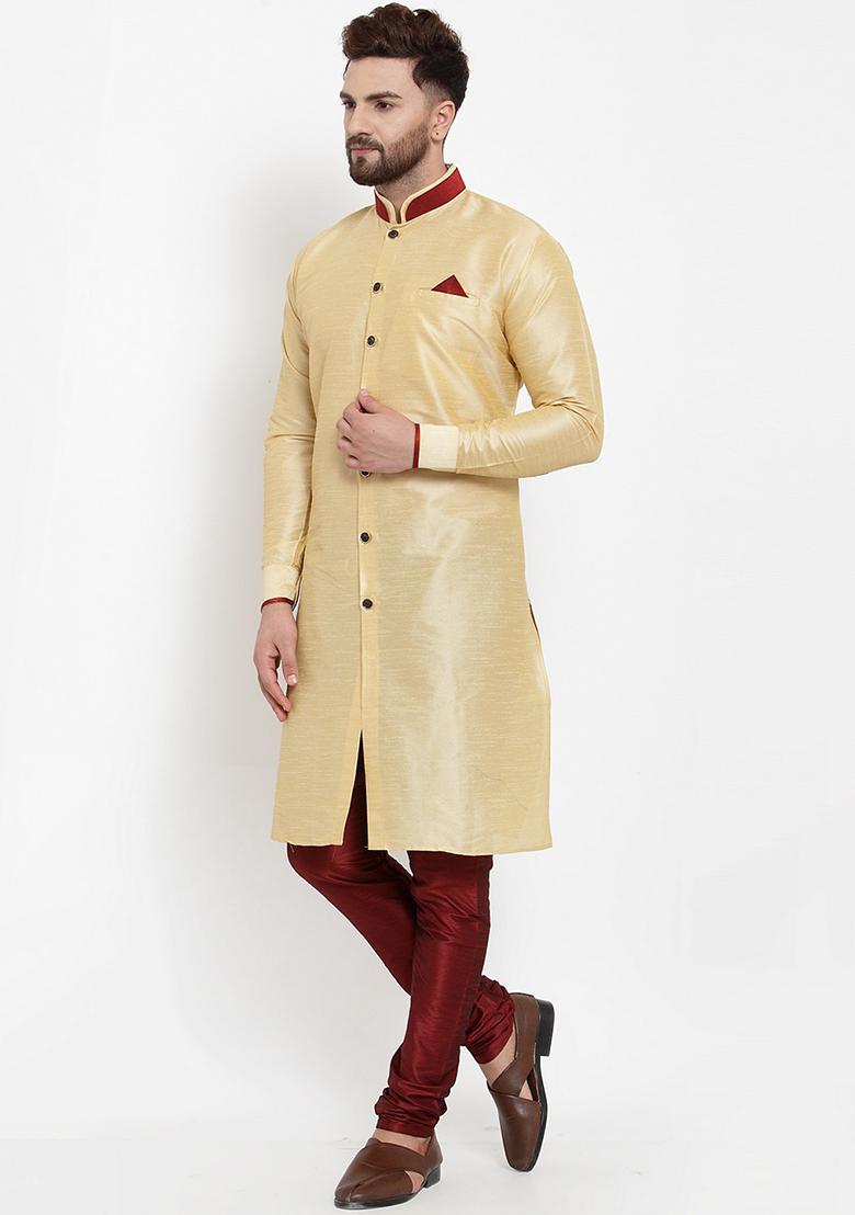 Cream Solid Silk Blend Kurta Set For Men