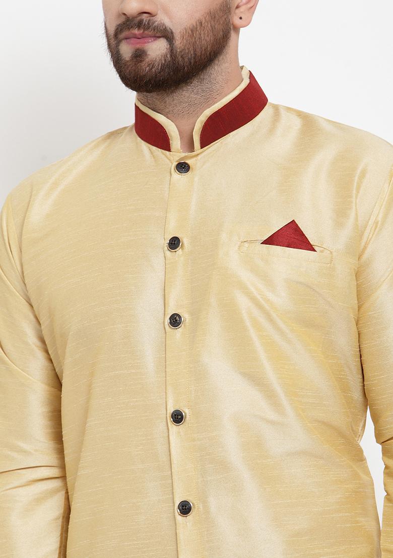 Cream Solid Silk Blend Kurta Set For Men