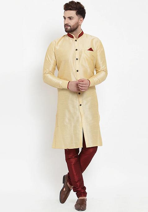 Cream Solid Silk Blend Kurta Set For Men
