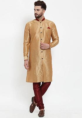 Gold Solid Silk Blend Kurta Set For Men
