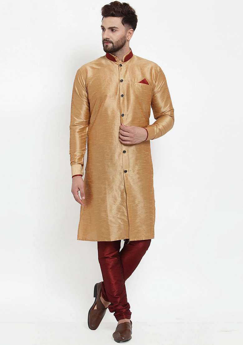 Gold Solid Silk Blend Kurta Set For Men - Indya