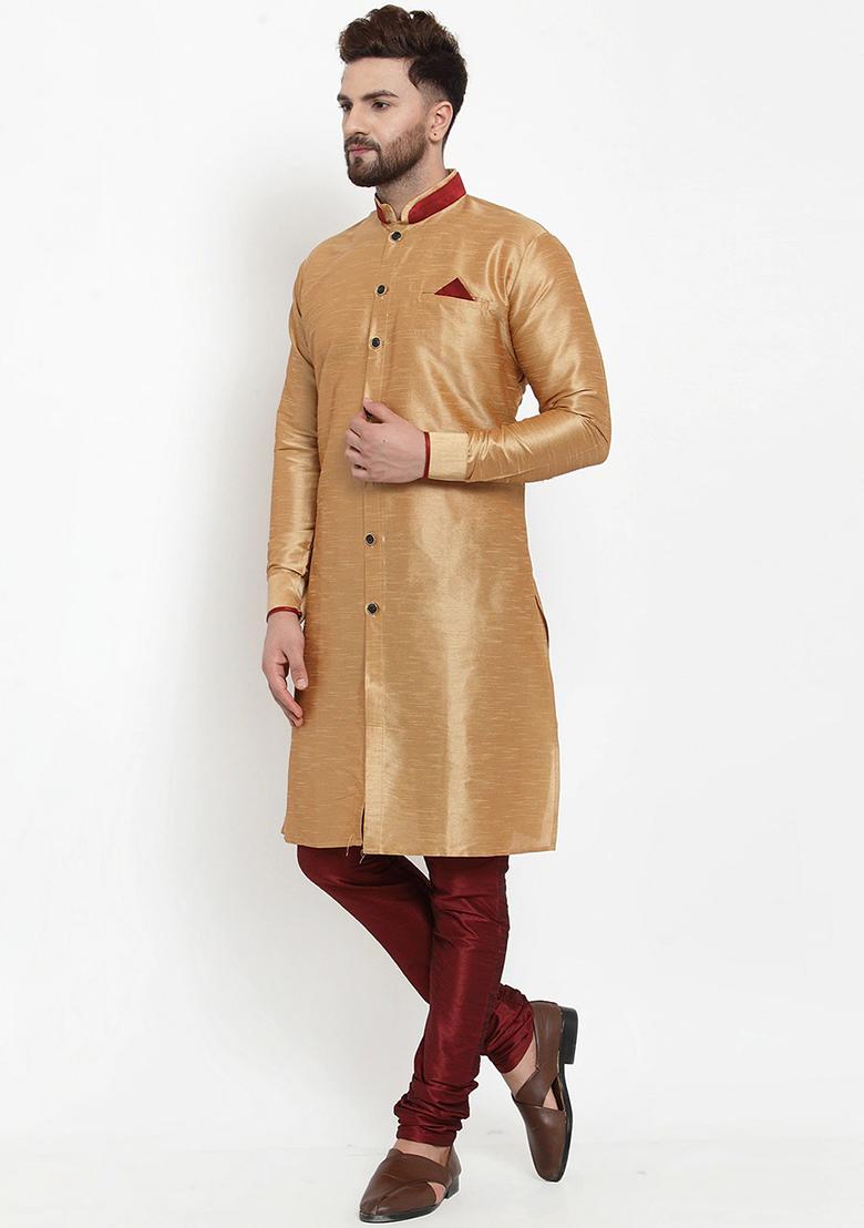 Gold Solid Silk Blend Kurta Set For Men