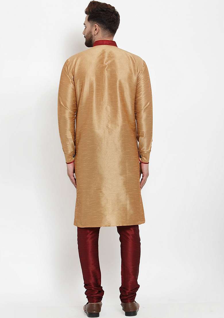 Gold Solid Silk Blend Kurta Set For Men - Indya