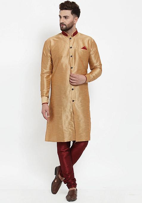 Gold Solid Silk Blend Kurta Set For Men