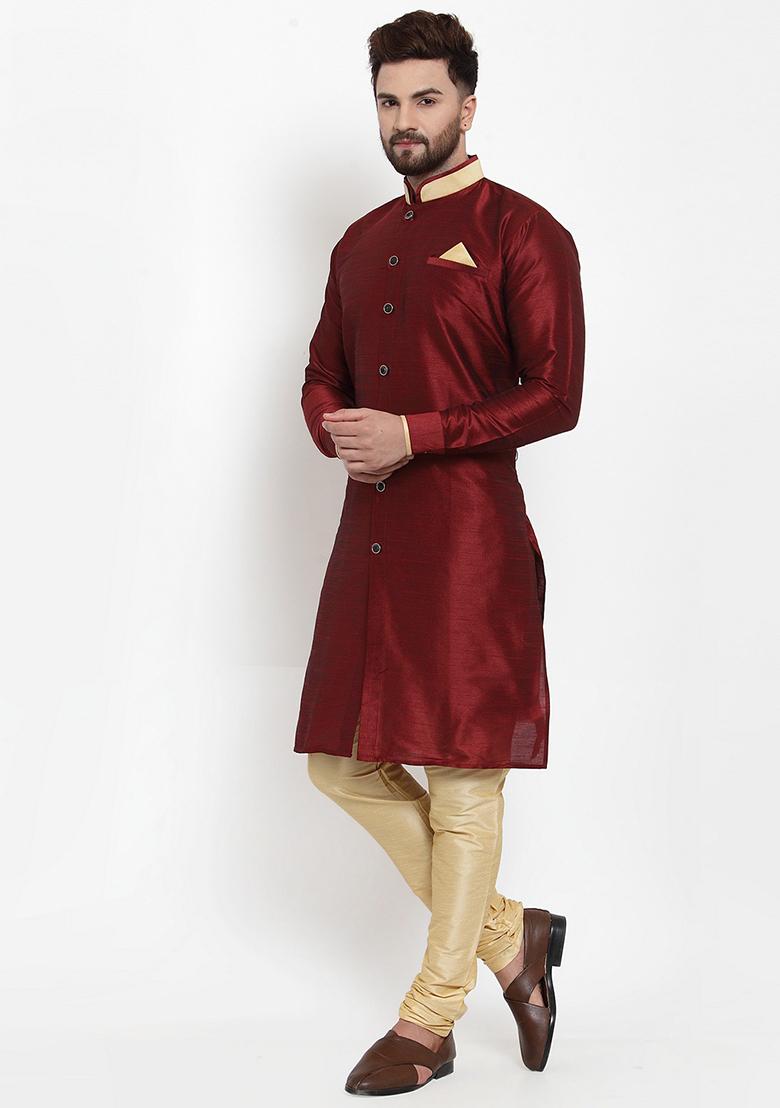 Maroon Solid Silk Blend Kurta Set For Men