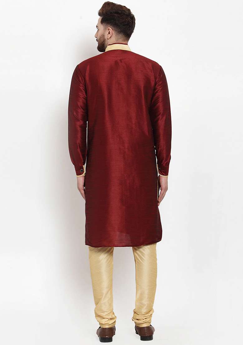 Maroon Solid Silk Blend Kurta Set For Men - Indya