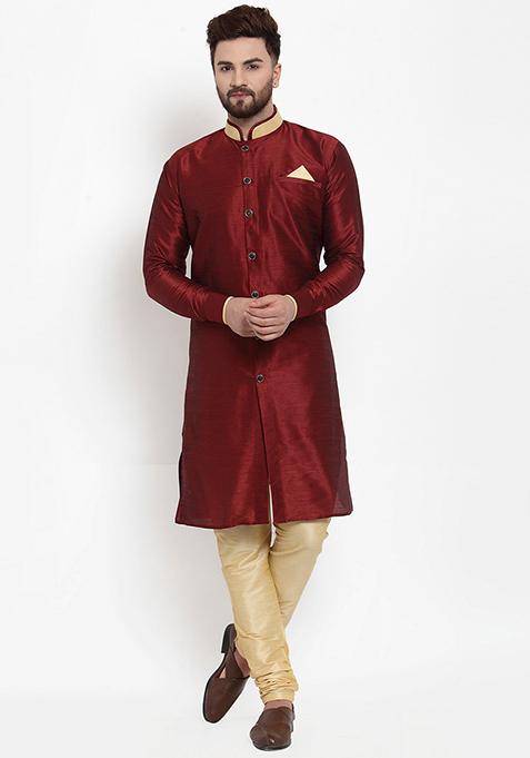 Maroon Solid Silk Blend Kurta Set For Men