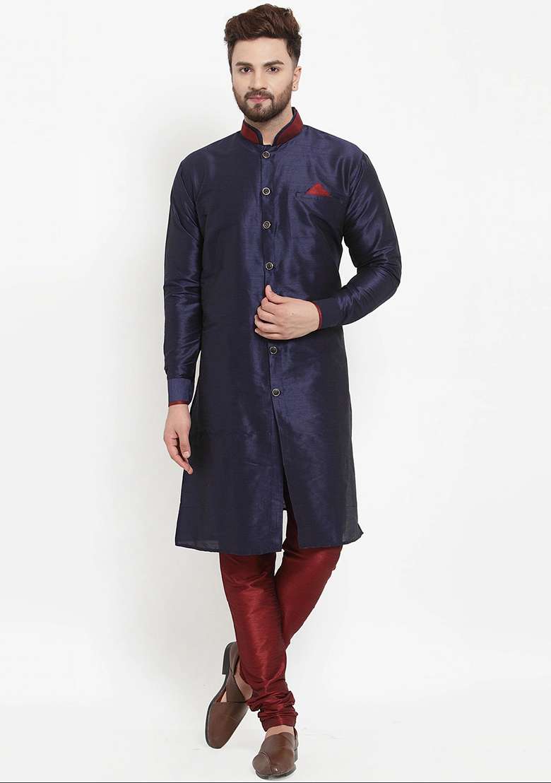 Navy Blue Solid Silk Blend Kurta Set For Men - Indya